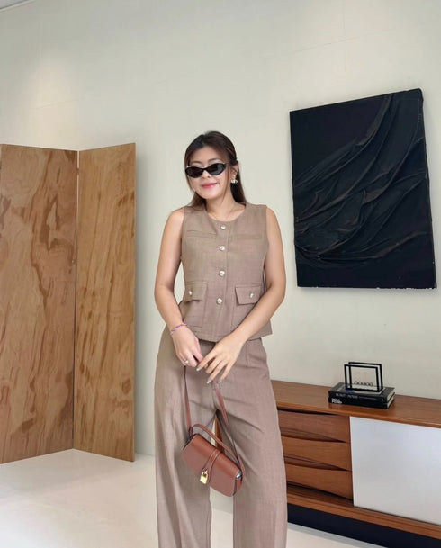 Women Elegant Button Down Vest With Trousers Sets